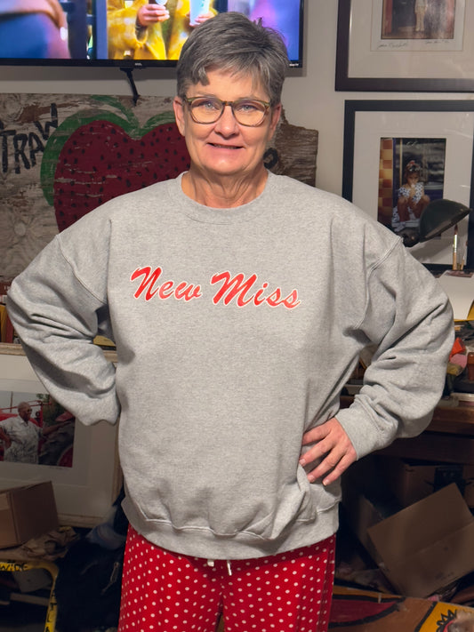 Limited edition New Miss Sweat Shirt -classic college grey with red lettering-screen printed on cotton sweat shirt