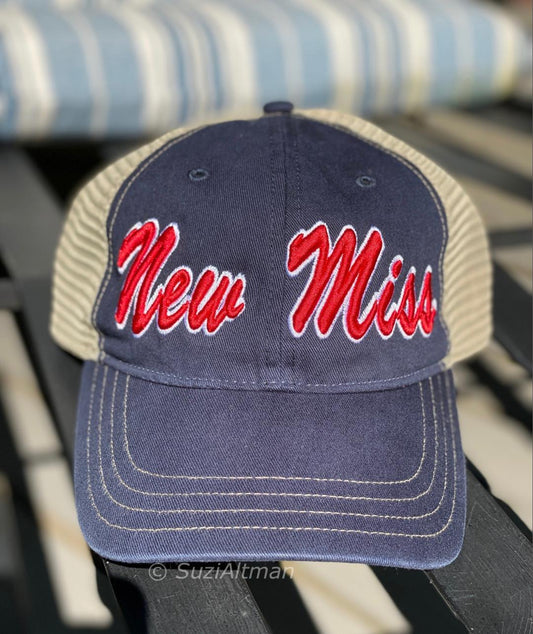 Limited Edition Navy Blue New Miss Curved brim  Trucker hat with tan mesh back- unstructured fit